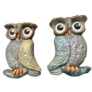 Lot of 2 Big Eyed Owl 1970s Arnels Mold Hand Painted Ceramic Wall Art 12” X 8”